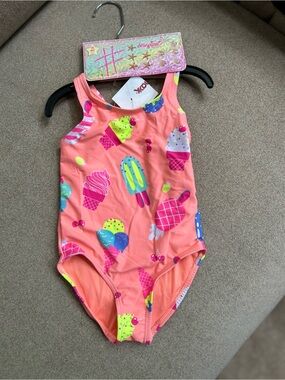 btween Kids One-Piece Swimsuit in Coral with Neon Ice Cream Print